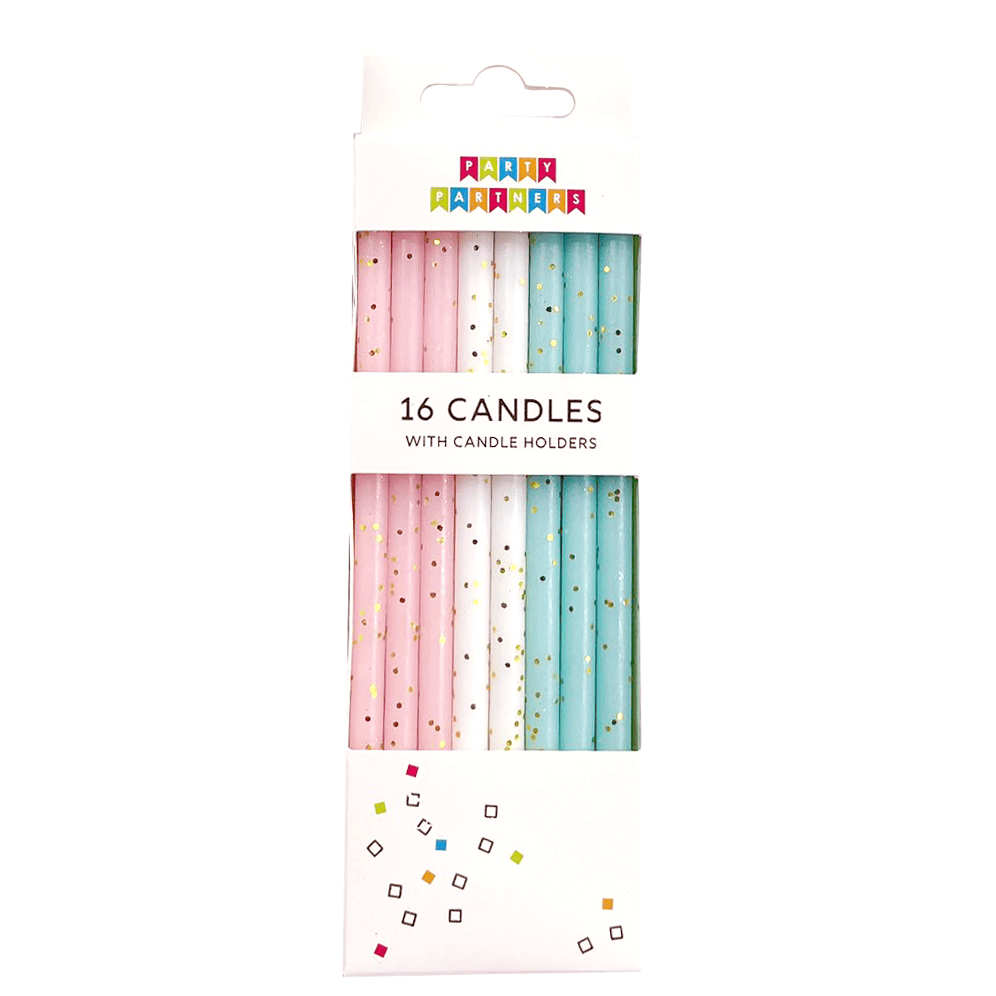 Set of 16 pastel rough glitter candles by Party Partners, featuring textured surfaces and soft pastel colors.